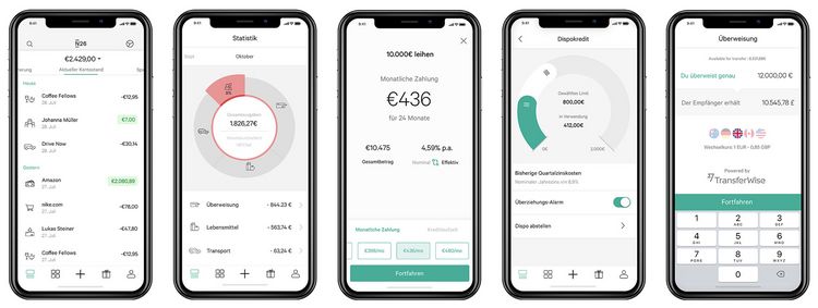 Ansicht Smartphones mit Funktionen der Challenger-Bank N26