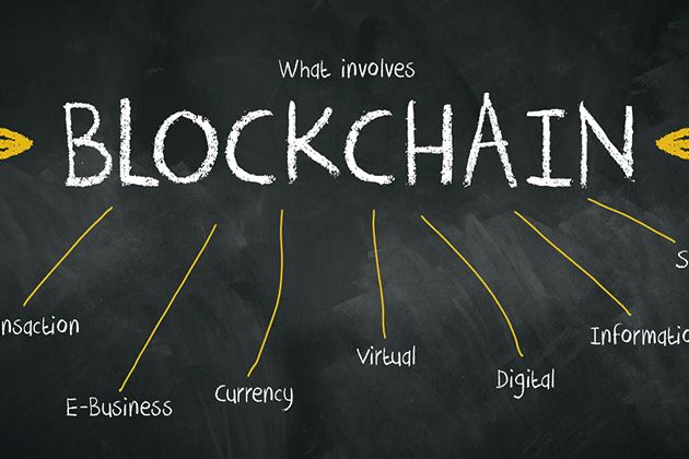 Schriftzug Blockchain auf einer Schultafel