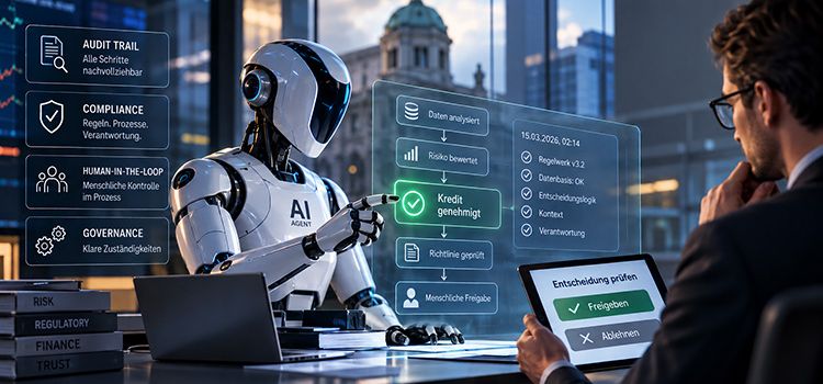 Ein Robo als KI-Agent und ein Mensch, der ihn kontrolliert