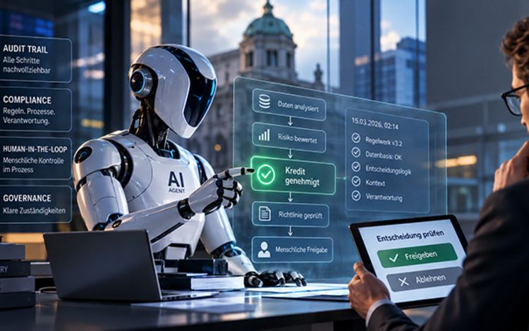 Ein Robo als KI-Agent und ein Mensch, der ihn kontrolliert