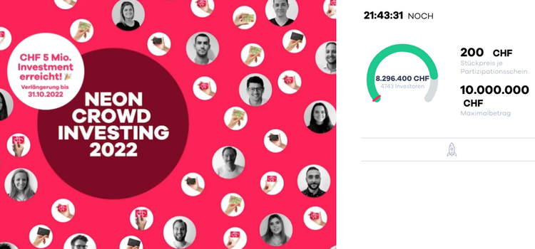 En Bild mit der Anzeige der Resultate der laufenden Crowdinvesting-Kampagne der Neo-Bank Neon