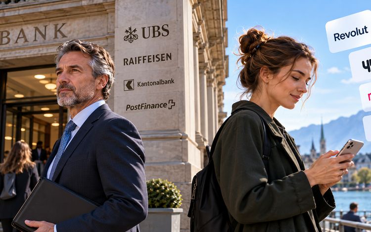 Mann geht Richtung Banken, Frau orientiert sich per Smartphone bei Neo-Banken