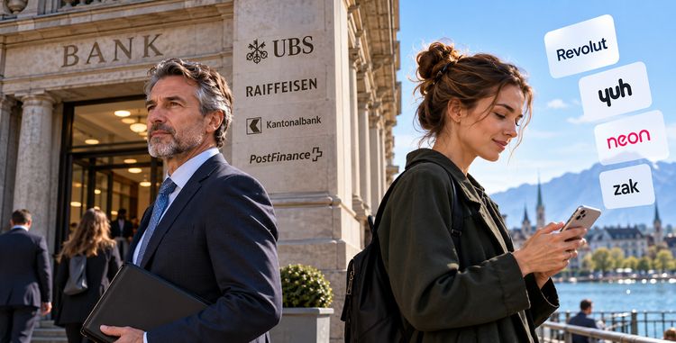 Mann geht Richtung Banken, Frau orientiert sich per Smartphone bei Neo-Banken