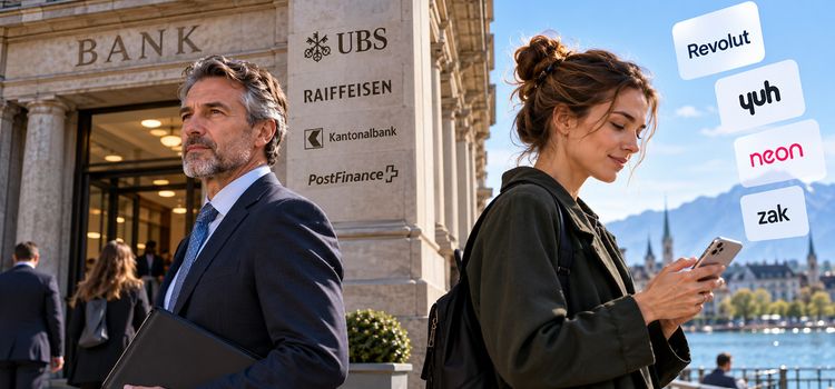 Mann geht Richtung Banken, Frau orientiert sich per Smartphone bei Neo-Banken