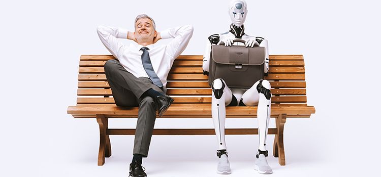 Business Man und humanoider Roboter auf einer Parkbank