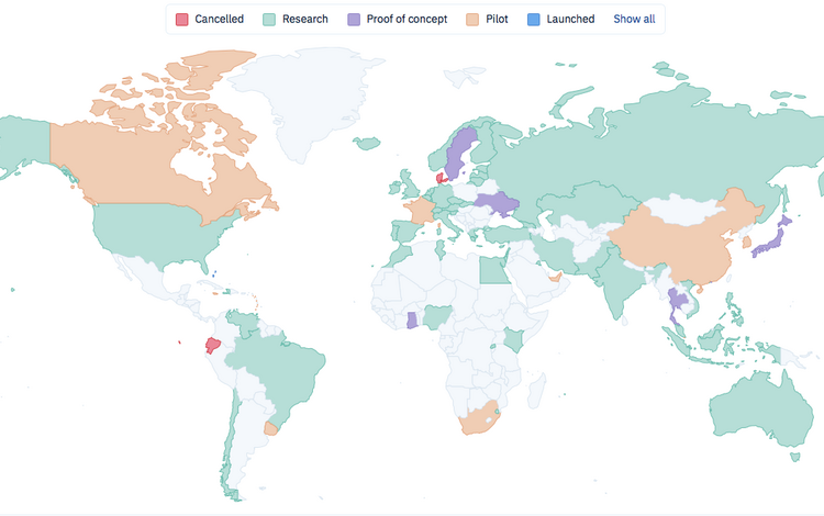 Karte der Staaten, die eigene digitale Währungen in Arbeit haben
