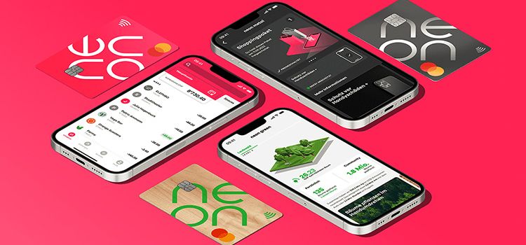 Smartphone-Ansichten und Karten der Abo-Modelle der Neo-Bank Neon