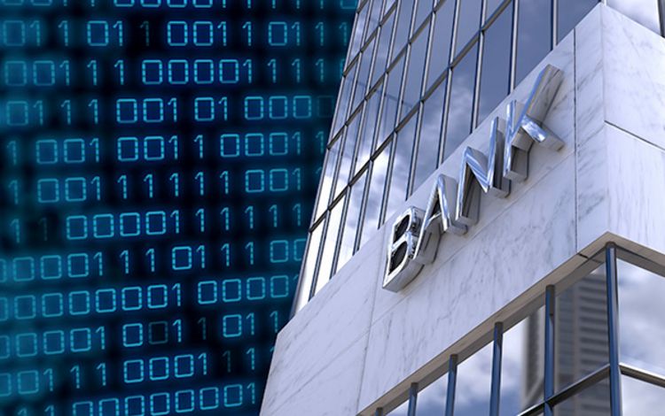Bankfassade vor dem Hintergrund eines Binärcodes