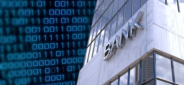 Bankfassade vor dem Hintergrund eines Binärcodes