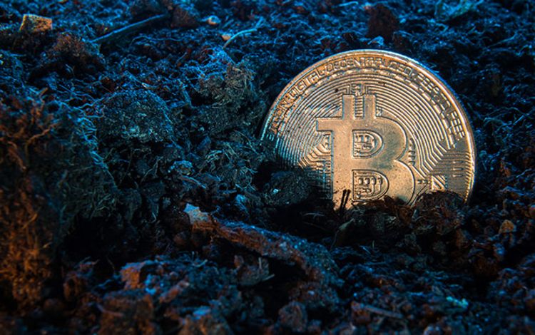 Bitcoin-Münze im Erdreich, als Symbol für Bitcoin Mining