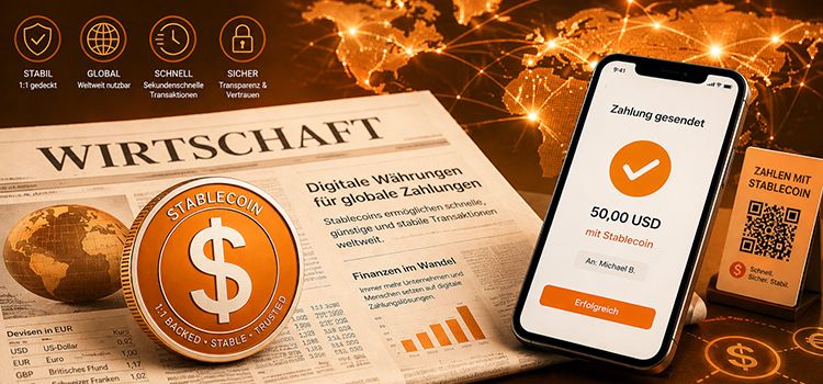 Wirtschaftszeitung mit Stablecoin-Symbol