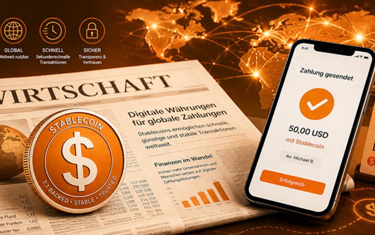 Wirtschaftszeitung mit Stablecoin-Symbol