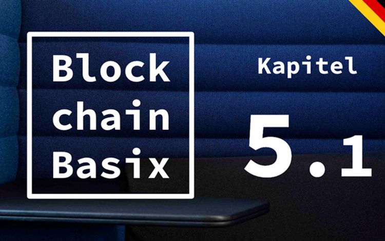 Das Logo von Blockchain Basix auf blauem Hintergrund