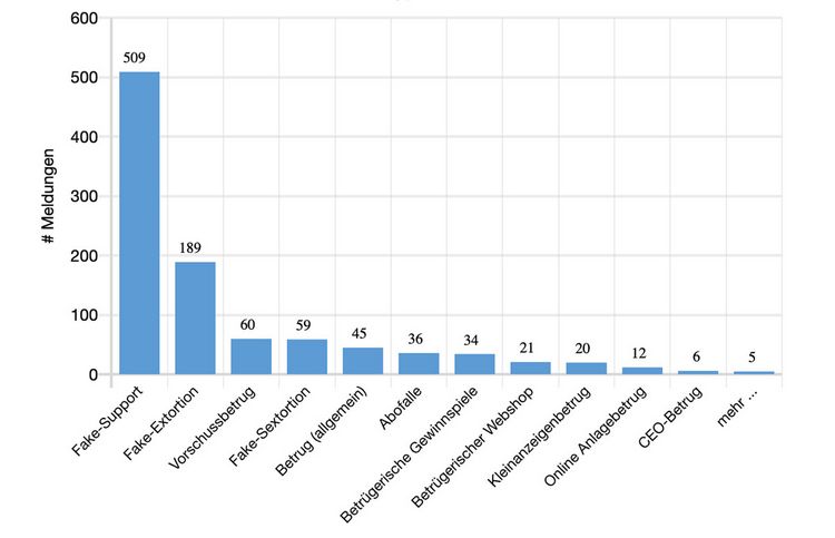 Grafik mit den verschiedenen Betrugsarten im Bereich Cybercrime in der Schweiz