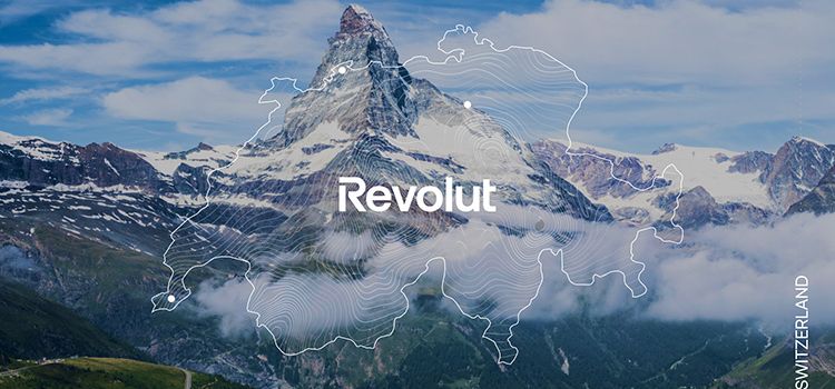 Matterhorn und Revolut-Logo innhalb skizzierter Schweizer Grenzen