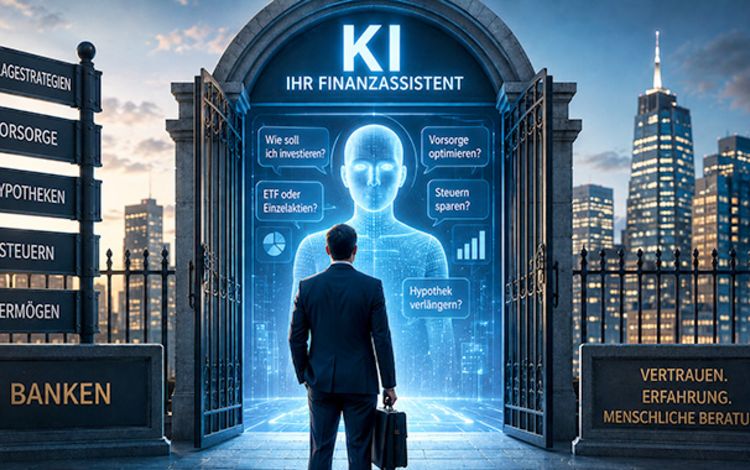 Ein Banken steht vor einer KI und bittet um Finanzberatung