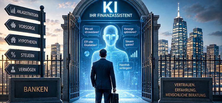 Ein Banken steht vor einer KI und bittet um Finanzberatung