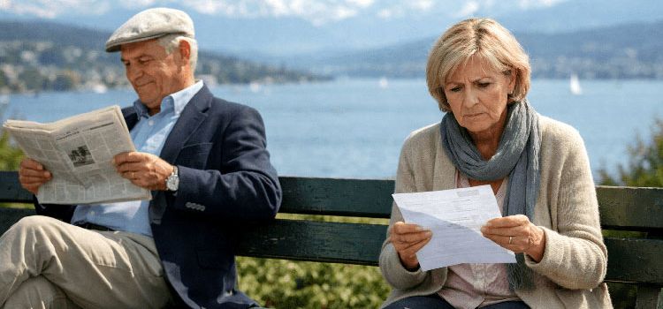 Zwei Pensionierte auf Parkbank mit unterschiedlicher Mimik