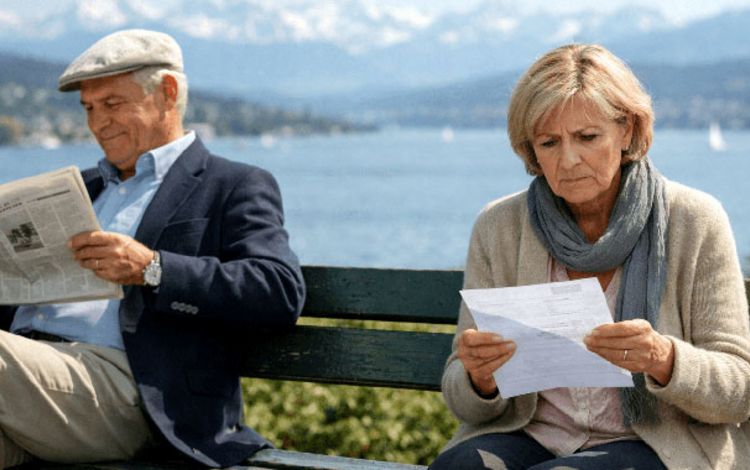 Zwei Pensionierte auf Parkbank mit unterschiedlicher Mimik