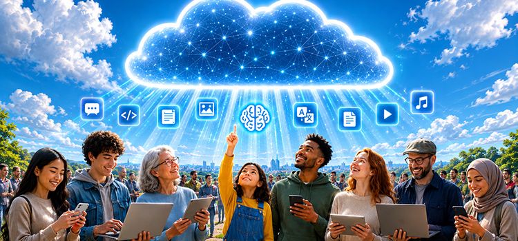 Menschen, die für verschiedene Zwecke KI aus der Cloud beziehen