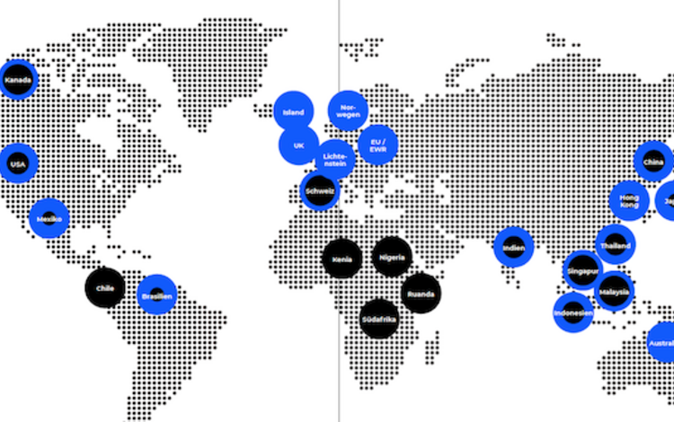 Weltkarte mit Ländern und ihrem Status bei Open Banking