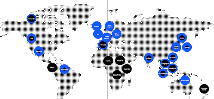 Weltkarte mit Ländern und ihrem Status bei Open Banking
