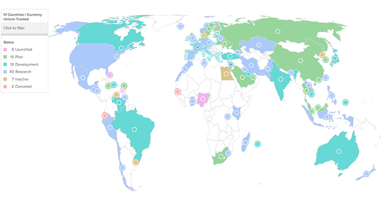 Weltkarte mit den Staaten, welche CBDC-Projekte verfolgen