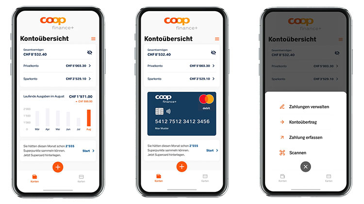 Drei Smartphone-Ansichten der App Coop Finance+