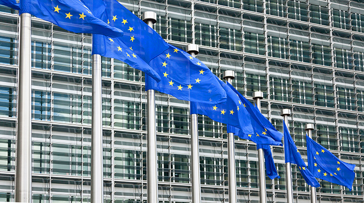 Gebäude mit Flaggen des Europäischen Parlaments in Brüssel