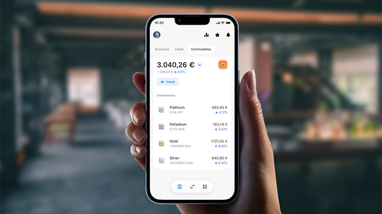Die Smartphone-Ansicht der Neo-Bank Revolut mit dem Bereich des Edelmetall-Handels