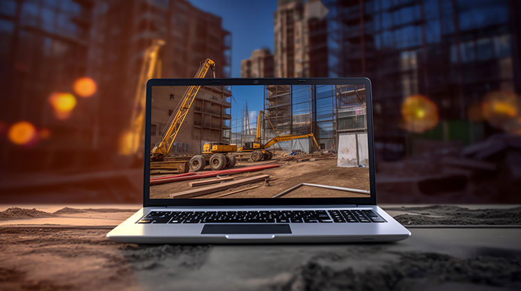 Blick auf eine Baustelle, betrachtet durch den Monitor eines Laptops