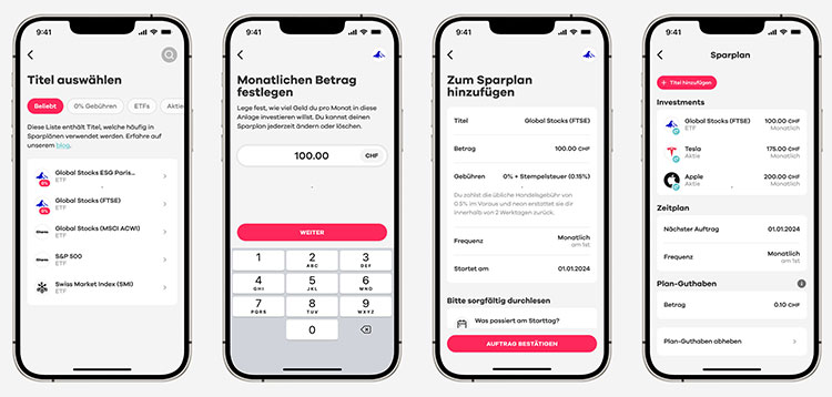 Smarphone-Ansichten zeigen, wie ETF-Sparpläne bei der Neo-Bank Neon eingerichtet werden können