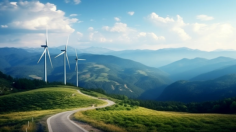 Windkraft-Anlagen in einer schönen hügeligen Landschaft