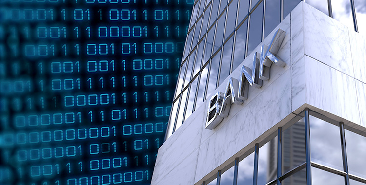 Bankfassade vor dem Hintergrund eines Binärcodes