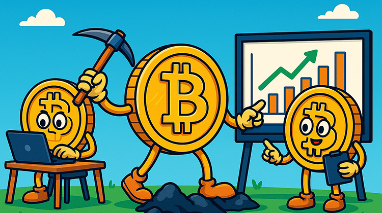 Illustration mit Bitcoin-Münzen, die am Arbeiten sind