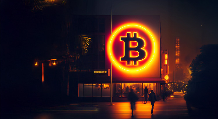 Ein Gebäude nachts mit Bitcoin-Leuchtschrift