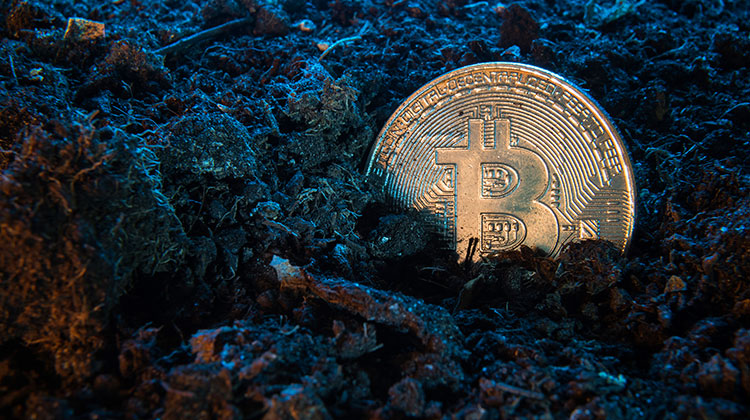 Bitcoin-Münze im Erdreich, als Symbol für Bitcoin Mining