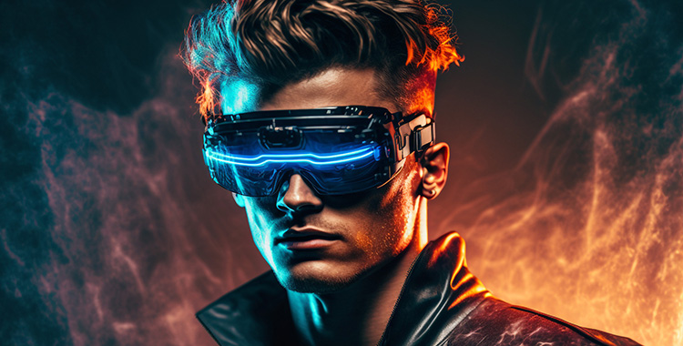 Dominator mit virtueller Brille und entschlossener Haltung