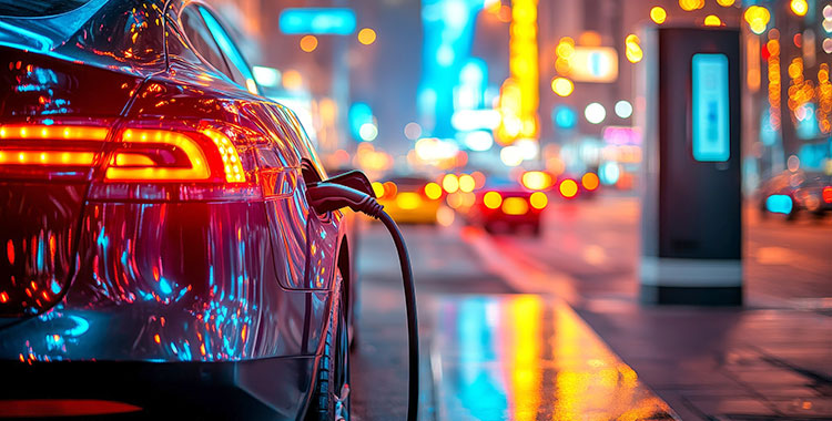 E-Auto bei Nacht, das gerade mit Strom aufgeladen wird