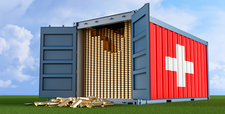 Container mit Schweizer Wappen, der mit Goldbarren gefüllt ist