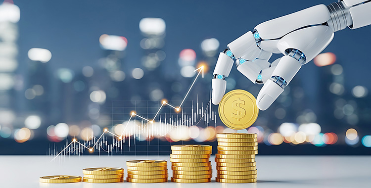 Eine Roboter-Hand legt goldene Münzen auf einen Tisch