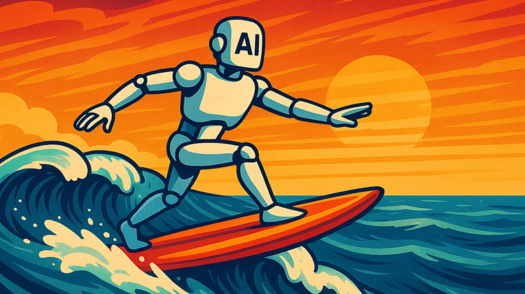 Künstliche Intelligenz als Figur auf einem Surfbrett als Wellenreiter