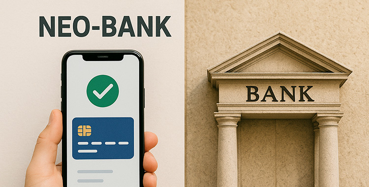 Neo-Bank mit Smartphone dargestellt, klassische Bank mit eindrücklicher Pforte