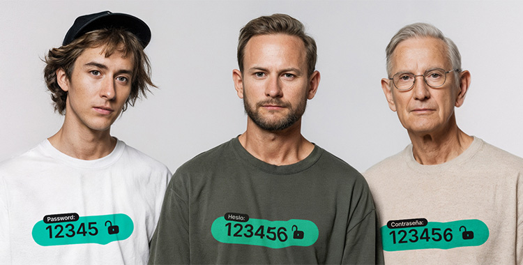 Drei Männer aus drei Generationen mit einem Passwort auf dem T-Shirt