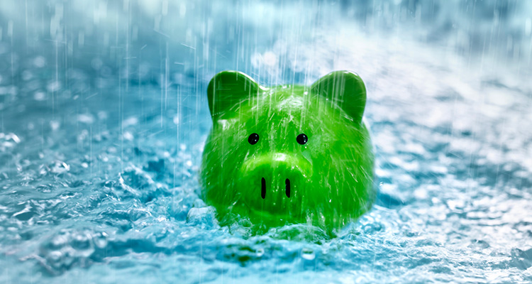 Ein grünes Sparschwein steht im Regen
