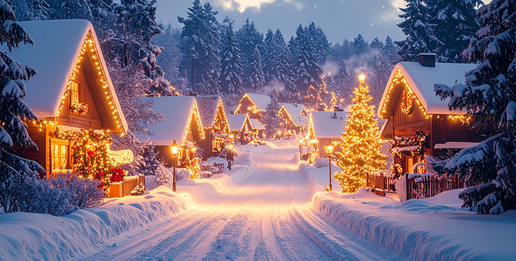 Verschneite Strasse mit festlich beleuchteten Häusern