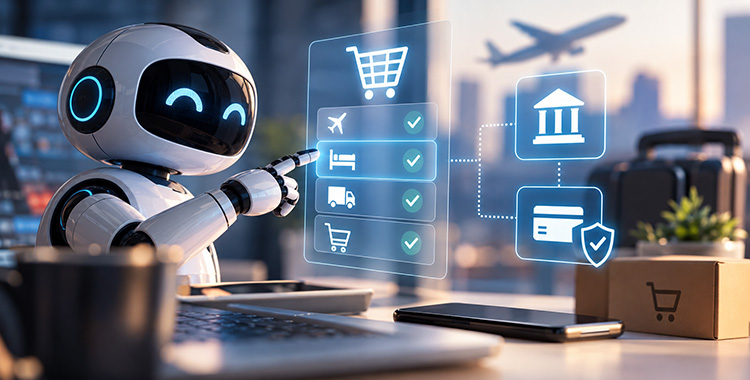 Symbolbild für Agentic Commerce, ein Robo kauft ein uns wählt Waren aus