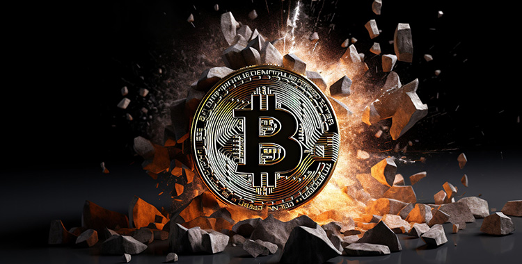 Bitcoin als Münze vor einem explodierenden Hintergrund