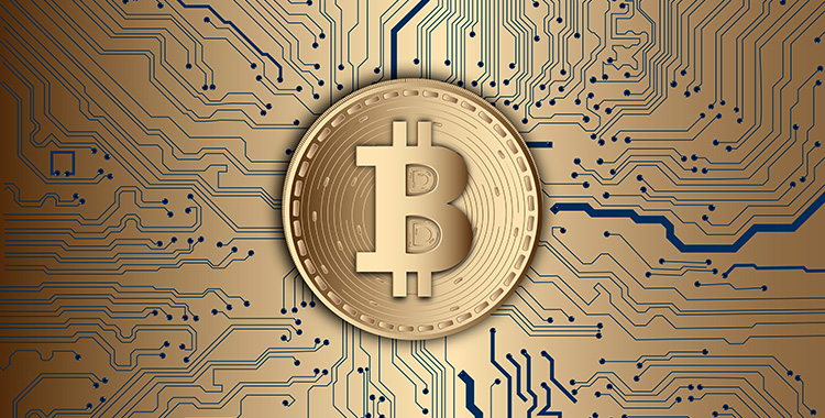 Bitcoin als Münze auf eine Platine