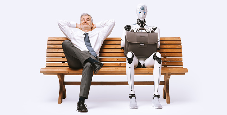 Business Man und humanoider Roboter auf einer Parkbank
